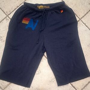 Aviator Nation Navy Long Board Sweat Shorts with Rainbow Accents Mens Small